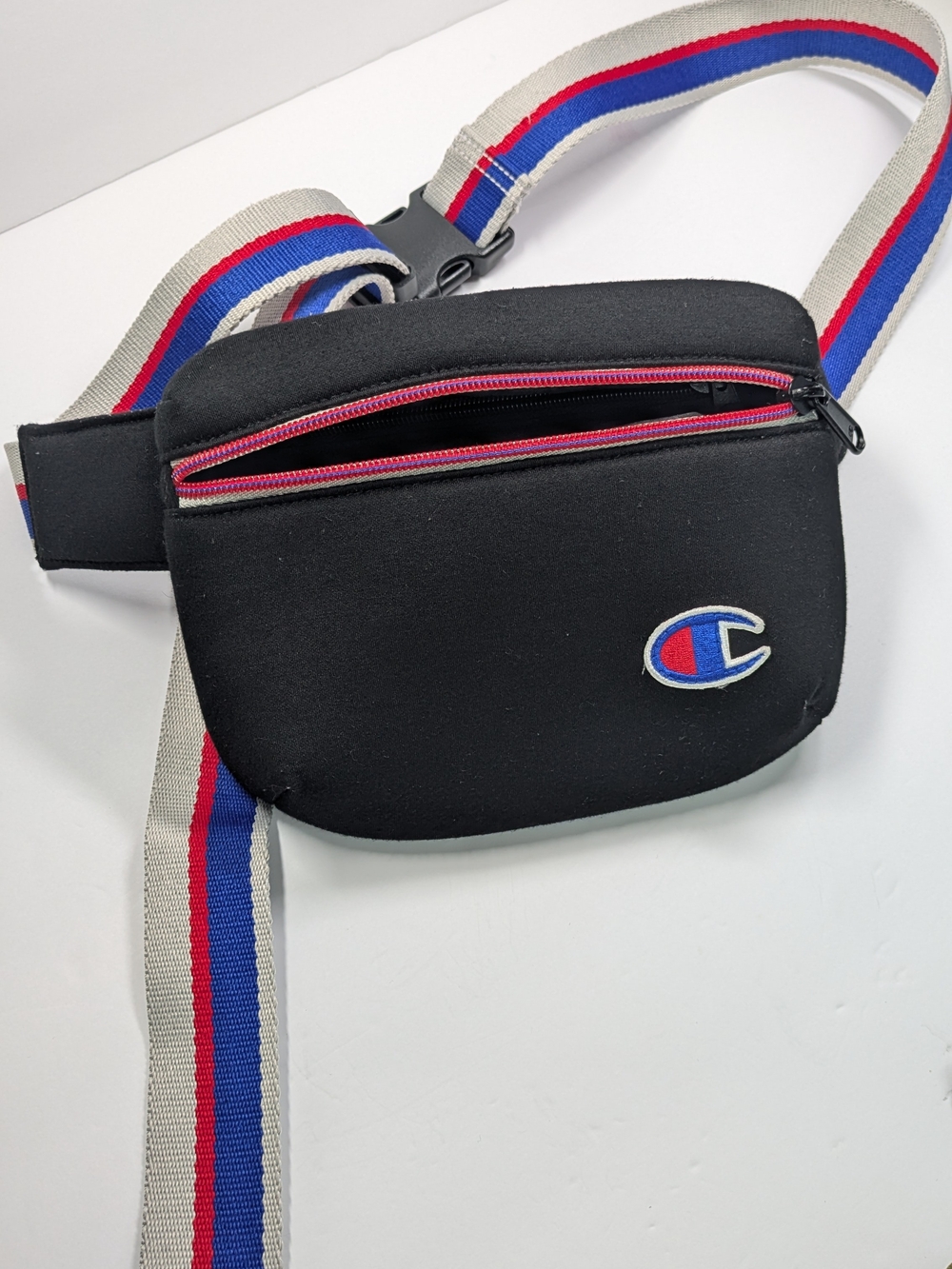 Champion Black Logo Waist Pack with Tricolor Strap